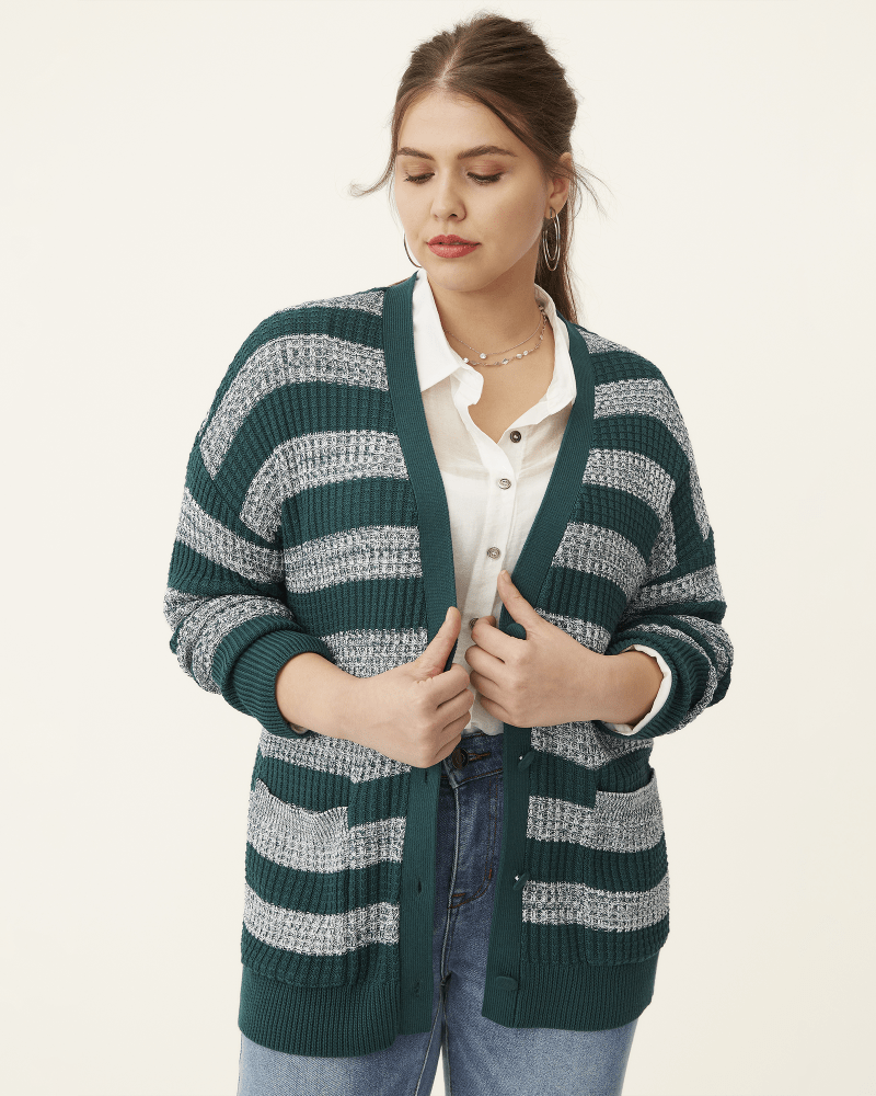 Front of plus size Gwyneth Striped Button Up Cardigan by Meri Skye | Dia&Co | dia_product_style_image_id:182302